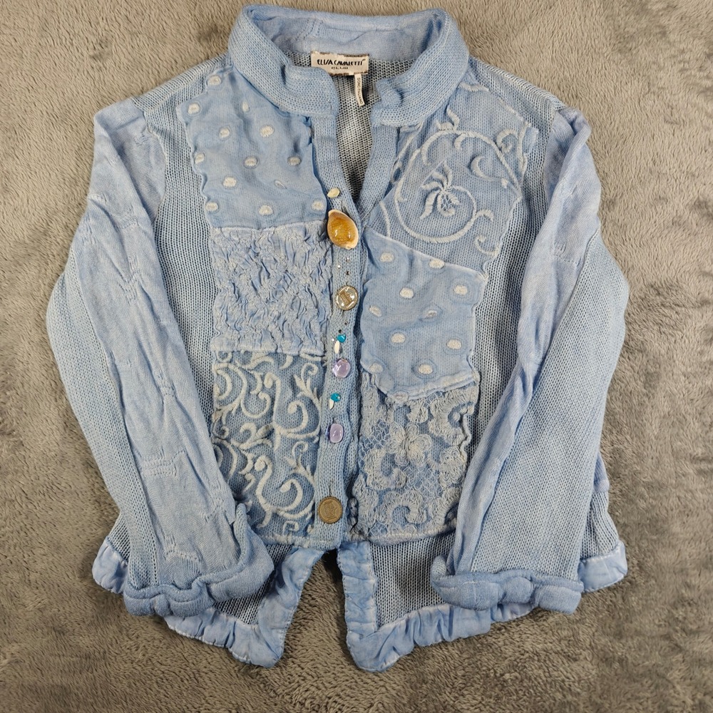 Elisa Cavaletti Cardigan Womens S Blue Patchwork Lace Shell Boho Italian Knit